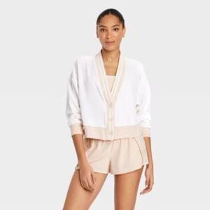 JoyLab Women's Towel Terry Cardigan White Tan Stripe size Large